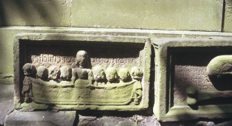 Detail of tomb fragment showing Margaret Johnston and her 6 children, Tranent Parish Church Burial Ground.