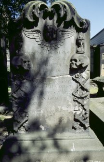 View of headstone to David Gray d. 1717, St Cuthbert's Church burial ground, Edinburgh.