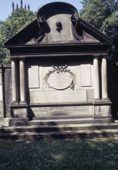 View of mural monument to Alexander Murray of Henderland and family, St Cuthbert's Church burial ground, Edinburgh.