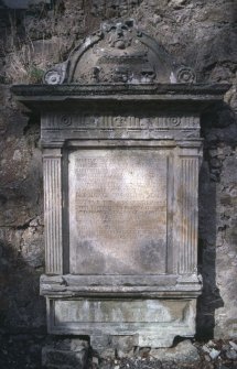View of mural monument to Thomas Abernethie and Janet Dalziel d. 1726, Glencorse Old Parish Churchyard.