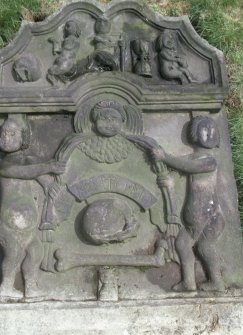 Detail of headstone to Iain Laidlaw d. 1739, Lasswade Old  Parish Churchyard.