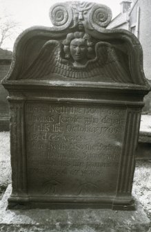 View of headstone to Thomas Jervie d 1705, Bathgate, Kirkton Old Parish Churchyard.