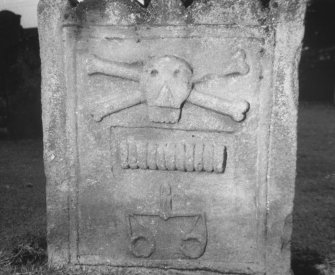 Detail of west face of headstone to James Brown d.1695, St Mary's Church burial ground, Carnwath.