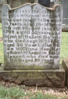 Detail of headstone to the McKenna family d.1716-63, Colmonell Parish Churchyard