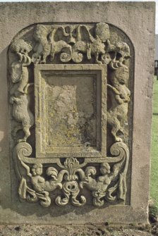 View of headstone 1691 with 'centaur' frieze, Girvan Old Parish Church burial ground.