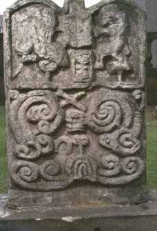 View of headstone to Andrew Gray d.1735, Girvan Old Parish Church burial ground.