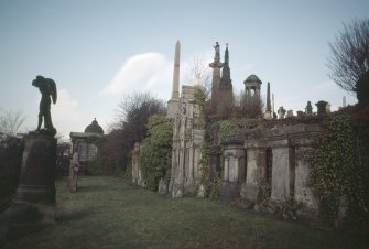 General view of obelisks and tombs, Glasgow Necropolis.