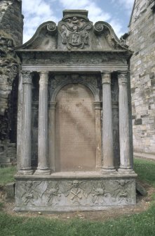 View of mural monument to Quentin Granpure d.1747 and family, Kilwinning Abbey Churchyard.