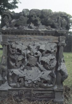 View of headstone with foliage and angels, Mauchline Old Churchyard.