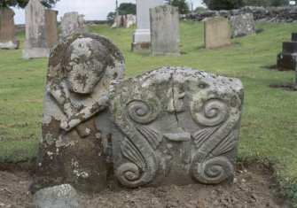 View of headstones for the Wright family 1684 and Bessie Wright aged 4 years 8 months d.1732, Old Dailly Parish Churchyard.