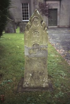 View of carved headstone, St Mary's Churchyard, Rothesay.