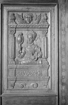 Detail of carved wooden panels.
Insc: 'Prvdence'.