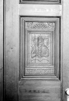 Detail of carved wooden panels.
Insc: 'K.Iames4'.