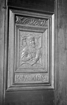 Detail of carved wooden panel.
Insc: 'K.Iames.I'