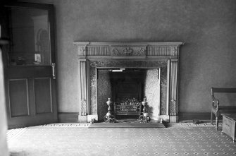 Interior. Detail of fireplace in telling hall