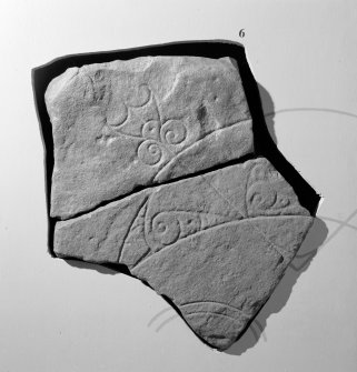 View of two fragments of a Pictish symbol stone on display in Inverness Museum.