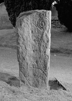 View of face of Pictish symbol stone, Dingwall churchyard.
