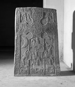 View of reverse of cross slab, Rossie Church.