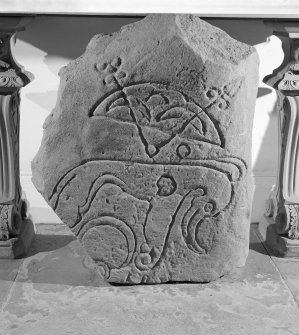 View of the Kinblethmont Pictish symbol stone in Kinblethmont House.