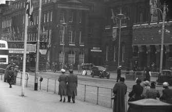 View of Waterloo Place, Edinburgh decorated for the Coronation of Queen Elizabeth II.