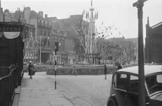 View of West end of Princes Street, Edinburgh decorated for the Coronation of Queen Elizabeth II.