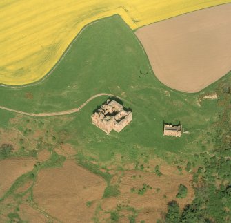Oblique aerial view of Crichton Castle taken from the W.
