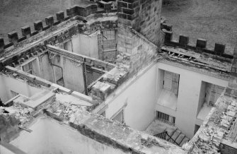 View of roof of central block of Gordon Castle during demolition work