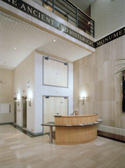 Interior view of the entrance hall and front desk of the RCAHMS at John Sinclair House, 16 Bernard Terrace, Edinburgh