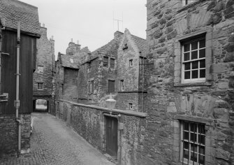 View of Bakehouse Close from South East also showing rear of Huntly House and Acheson House, Edinburgh
