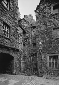 View of Bakehouse Close, from South West, also showing rear of Huntly House and Acheson House, Edinburgh
