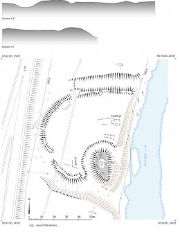 RCAHMS Illustration. Abington motte, plan and sections. 400dpi copy of Illustrator file GV005753.