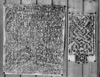 Photographic copy of two rubbings showing detail of the Farr cross slab and an unidentified stone