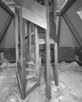 Tower, room, internal wooden staircase, detail
