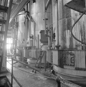 Interior view of Carbonation Plant Saturator Vessels through which flowed the limed Brown Liquor, and through which bubbled the gas containing the Carbon Dioxide.  The produced a Calcium Carbonate precipitate which removed gums, waxes and colourants from the Brown Liquor (T&L No.: 21183/5)