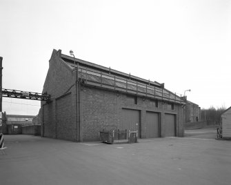 Motherwell, Craigneuk Street, Anderson Boyes
Exterior view from north west of Boiler House (built 1955).  The tall brick square-section chimney stack was demolished in about 1995