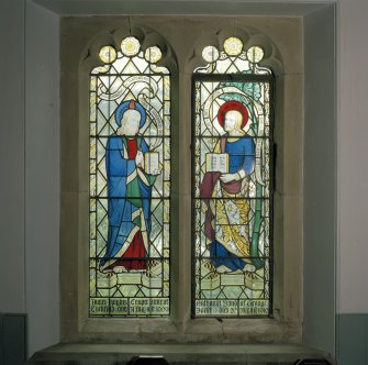 Interior.
Detail of stained glass window in nave.