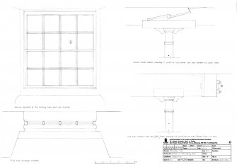 Johnstone Mill: Details in 18th century mill ('Old End' mill), sheet 5 of 5. Plan and interior elevation of 18th C sash-and-case window. Cast iron column head detail on 6th floor, showing Z-joint in cross-beam. Cast iron column head detail on 5th floor, showing end junction on cross beam.