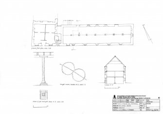 Thurso, 22 Mansons Lane, Old Brewery: Ground floor plan and section A-A1 of brewery and brewer's house (1:100). Detail of of post and pad stones (1:20) and Wright's mark detail (1:1)