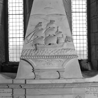 Fearn Abbey, interior.  Detail of square-rigged ship on Ross monument.