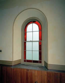 Interior.
Preaching auditorium, detail of coloured glass window.