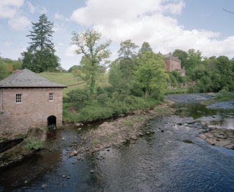 View of turbine house and weir from S, with Sorn Castle visible in the background