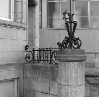 Crown Street entrance front, staircase, side wall, decorative ironwork, detail