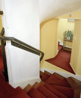 Eigg, Kildonnan Farmhouse. View of staircase from 1st fl level