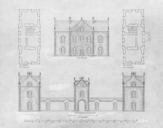 Photographic copy of drawing showing plans and elevations.