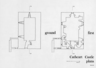 Glasgow, Old Castle Road, Cathcart Castle.
Drawing of floor plans.
Titled: 'Ground' 'First' 'Cathcart Castle plans'.