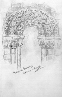 Photographic copy of drawing showing elevation of Norman doorway.