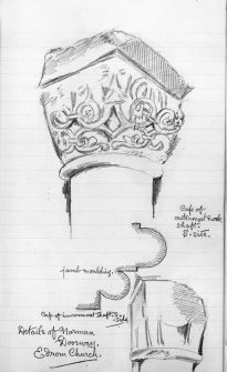 Photographic copy of sketch drawing of details of the Norman doorway in Edrom Church. 
Cap of outermost nook shaft, South side, jamb moulding and cap of innermost shft, south side.
From Ferguson sketchbook, No.5.