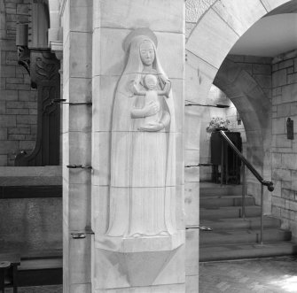 All Saints Episcopal Church, interior.  Detail of Virgin and Child sculpture by Hew Lorimer on pillar in nave.