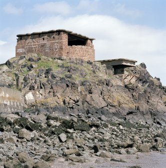 Edinburgh, Cramond Island, The Knoll coast battery. View of brick built battery gun emplacement and observation platform from South East..