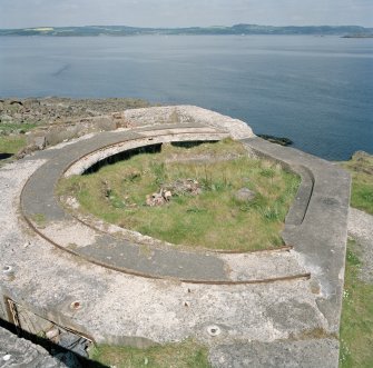 Edinburgh, Cramond Island, Cramond Battery, coast battery. View from south of remains of the gun emplacement (canopy removed).  Visible are the holes for the canopy support and an area of reconstruction to the carapace.